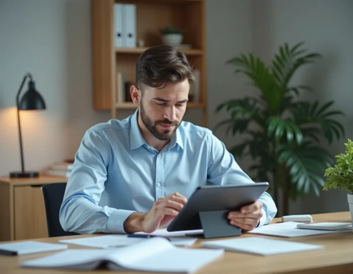 Adulte accédant à l'ENT CESI sur tablette depuis un bureau à domicile