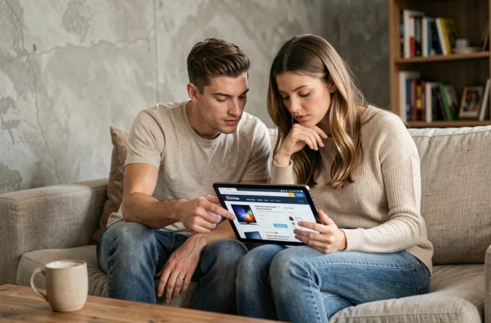 Couple comparant des produits reconditionnés sur une marketplace en ligne depuis leur salon