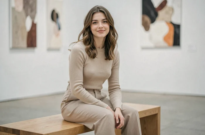 Jeune actrice française aux cheveux ondulés en tenue casual chic assise dans une galerie d'art contemporaine épurée