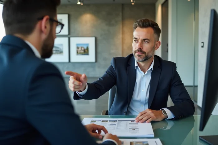 Agent immobilier présentant des annonces récentes à un client dans une agence moderne