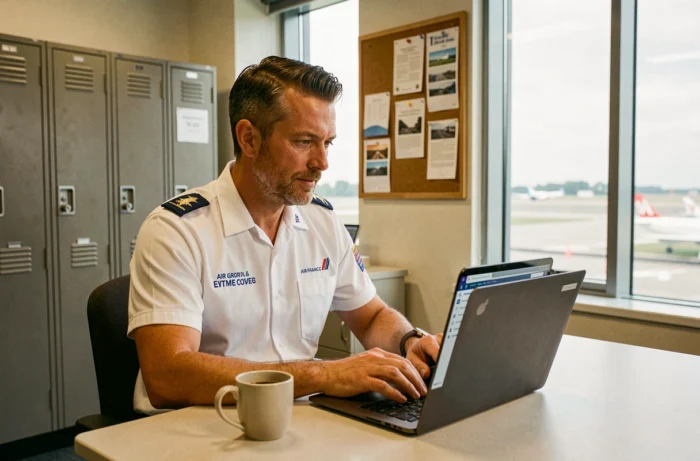 Agent au sol Air France consultant le portail Intralignes sur un laptop dans la salle de pause du personnel