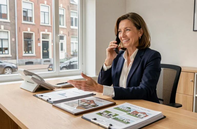 Agente immobilière belge passant un appel téléphonique dans une agence moderne à Bruxelles