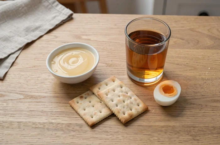 Aliments autorisés avant une coloscopie disposés en flat lay : gélatine, thé, crackers et œuf
