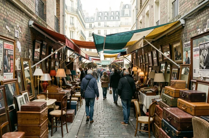 Vue panoramique d'une allée animée du marché aux puces de Saint-Ouen à Clignancourt avec des vendeurs et des visiteurs