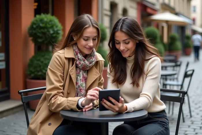 Deux amies comparant des articles Vinted inspirés des tenues de séries TV françaises autour d'un café parisien