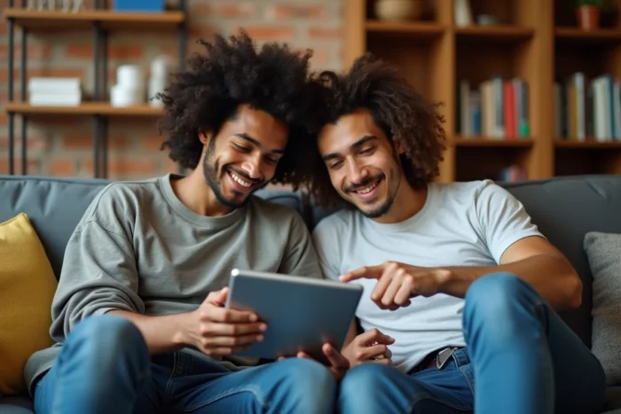 Deux amis explorant ensemble des ressources en ligne pour apprendre à gérer leurs finances personnelles