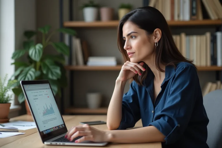 Femme analysant les données d'un site web sur un ordinateur portable, illustrant une analyse critique de fiabilité en ligne en 2026