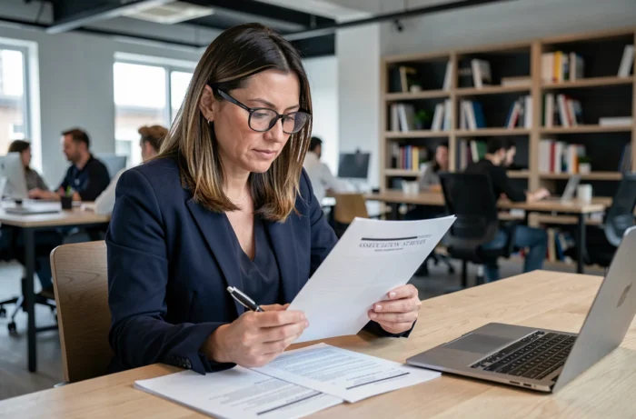 Femme professionnelle analysant les statuts d'une association à son bureau dans un espace de coworking moderne