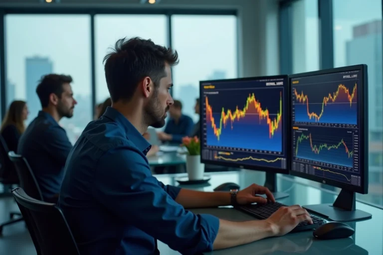 Analyste financier comparant les graphiques de Bitcoin et Ripple XRP sur des écrans d'ordinateur dans un bureau moderne