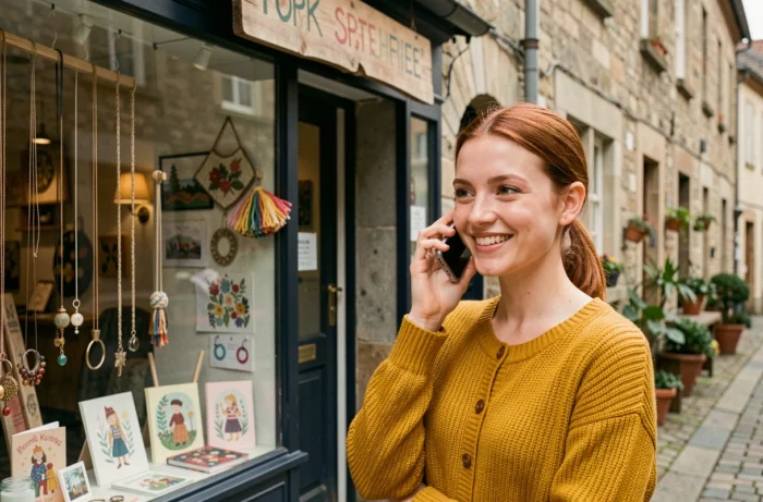 Une jeune femme appelle par téléphone une boutique créative devant une vitrine artisanale dans une rue pavée