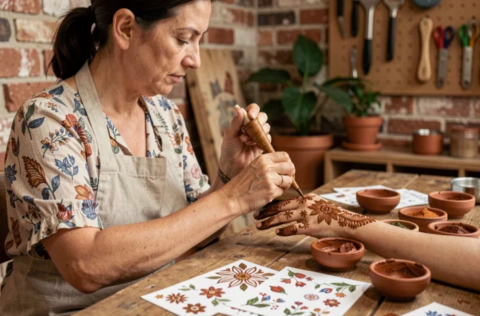 Artiste henné appliquant des motifs floraux sur la main droite d'une cliente dans un atelier artisanal chaleureux