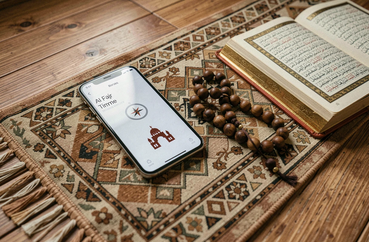 Application de prière sur smartphone affichant l'heure Al Fajr à Bordeaux posé sur un tapis de prière