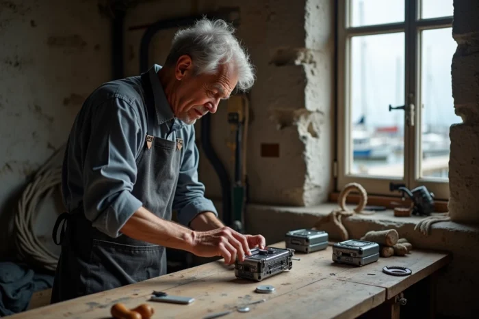 Artisan technologue breton assemblant un capteur connecté pour la pêche dans un atelier côtier près de Saint-Malo