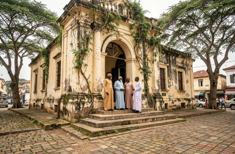 Bâtiment administratif colonial en Afrique de l'Ouest avec des hommes en boubou sur les marches