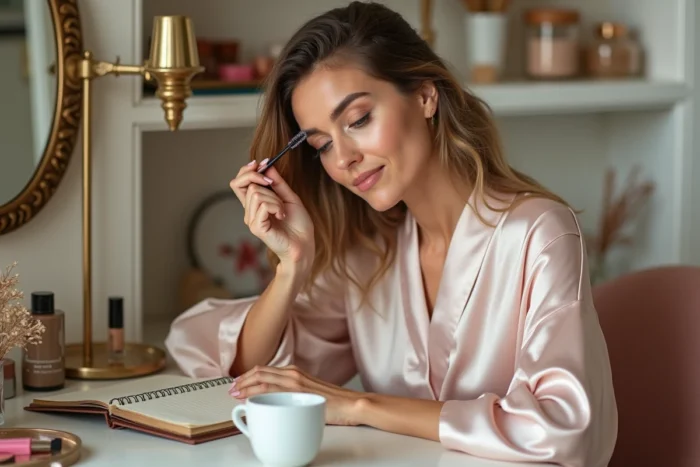 Femme entrepreneur appliquant du mascara près d'un carnet de recettes sur une coiffeuse vintage élégante