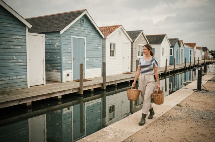 Femme marchant le long d'un canal bordé de cabanes ostréicoles colorées à Sète, décor authentique évoquant les tournages de Demain nous appartient