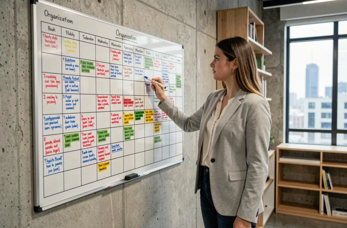 Jeune femme présentant un calendrier mural organisationnel mensuel dans un espace de coworking moderne
