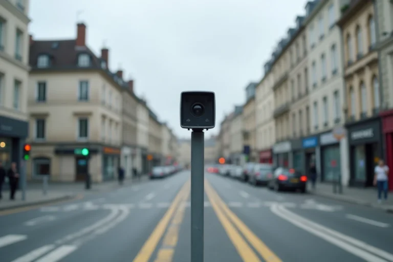 Caméra de contrôle aux feux rouges montée sur un poteau en milieu urbain français