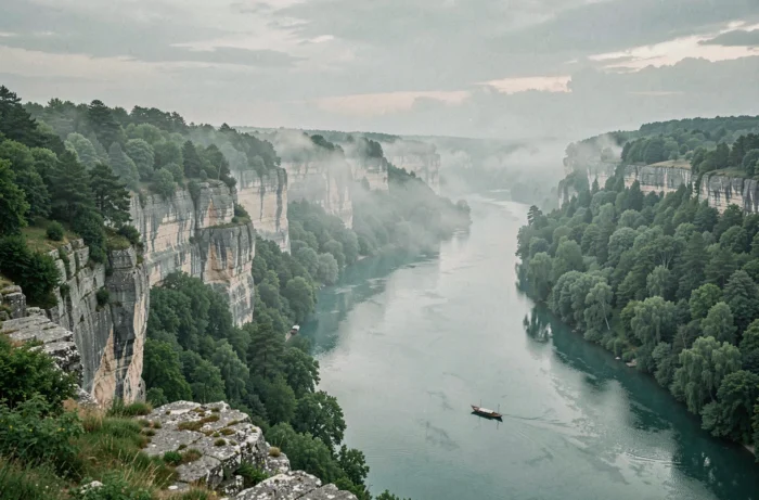 Canyon du Dniestr à Bakota avec ses falaises calcaires et rivière turquoise entourée de forêts verdoyantes en Ukraine