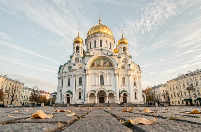La cathédrale Sainte-Sophie de Kiev avec ses dômes dorés sous un ciel d'automne bleu pâle, pavés anciens au premier plan