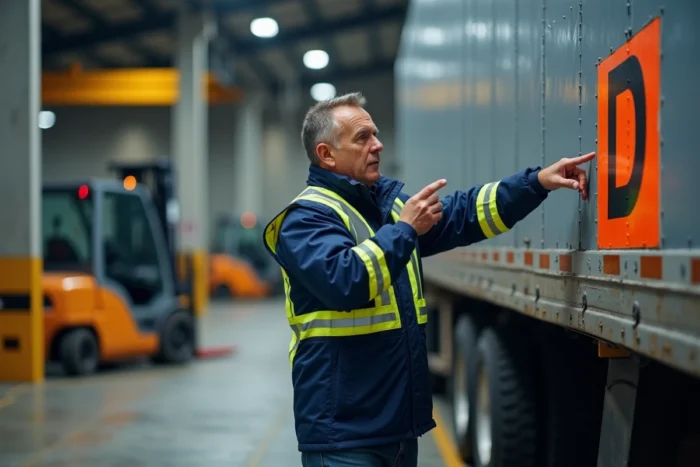 Chauffeur routier professionnel pointant la lettre D sur la plaque de signalisation orange d'un camion dans un entrepôt logistique
