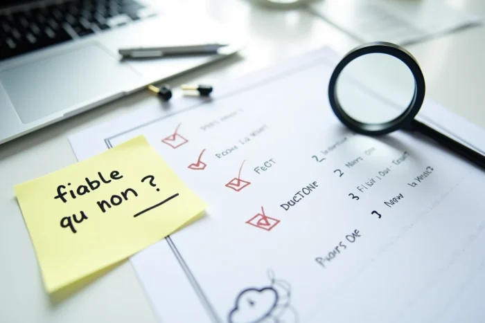 Vue de dessus d'un bureau avec checklist annotée, loupe et ordinateur, illustrant un processus de vérification et d'analyse de fiabilité d'un site