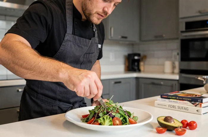 Chef dressant une salade fraîche et colorée dans une cuisine moderne avec des ingrédients de saison