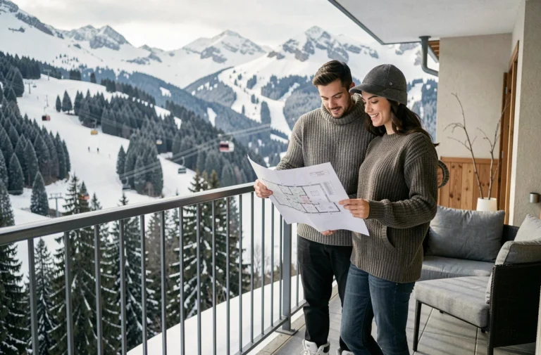 Couple examinant un plan d'appartement sur le balcon d'un logement aux Menuires Croisette avec vue panoramique sur les pistes enneigées