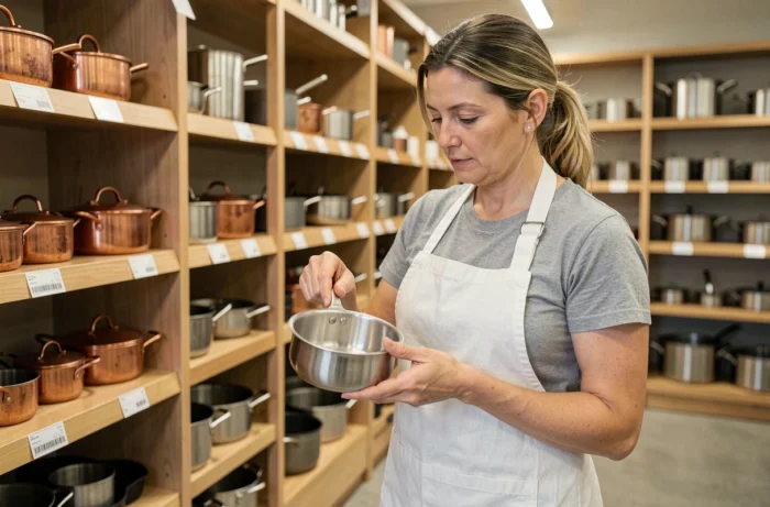 Femme examinant une casserole en inox dans un magasin d'équipements de cuisine pour choisir le bon matériel