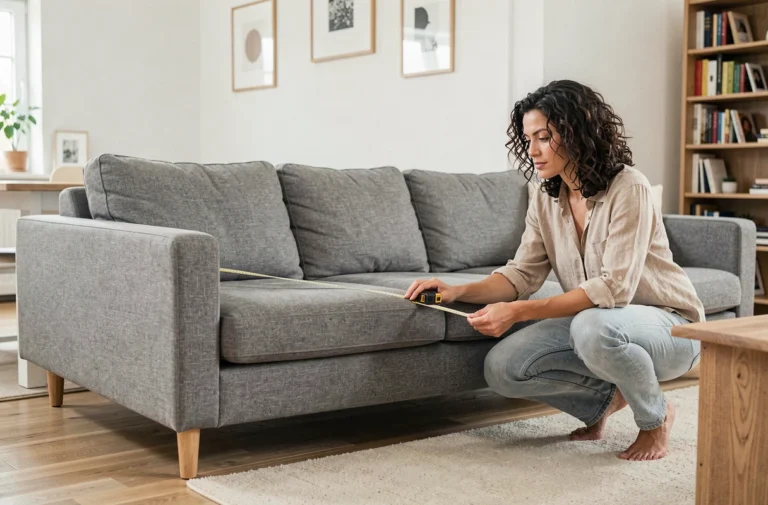 Femme mesurant la longueur d'un canapé gris dans un salon scandinave pour choisir la taille idéale
