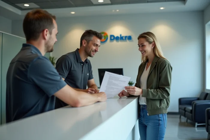 Cliente recevant son rapport de contrôle technique chez Dekra à l'accueil du centre d'inspection