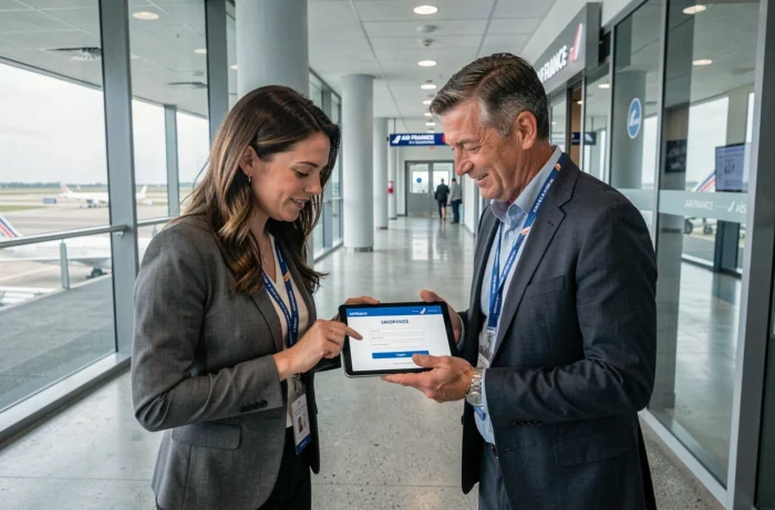 Deux employés Air France consultant ensemble le portail Intralignes sur une tablette dans un couloir administratif d'aéroport