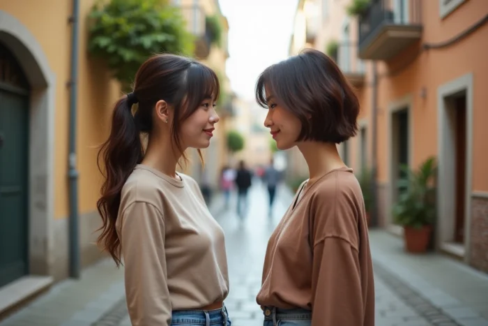 Deux femmes comparant leurs coiffures, l'une avec une coupe cuenta et l'autre avec un mulet, dans une rue pavée en extérieur