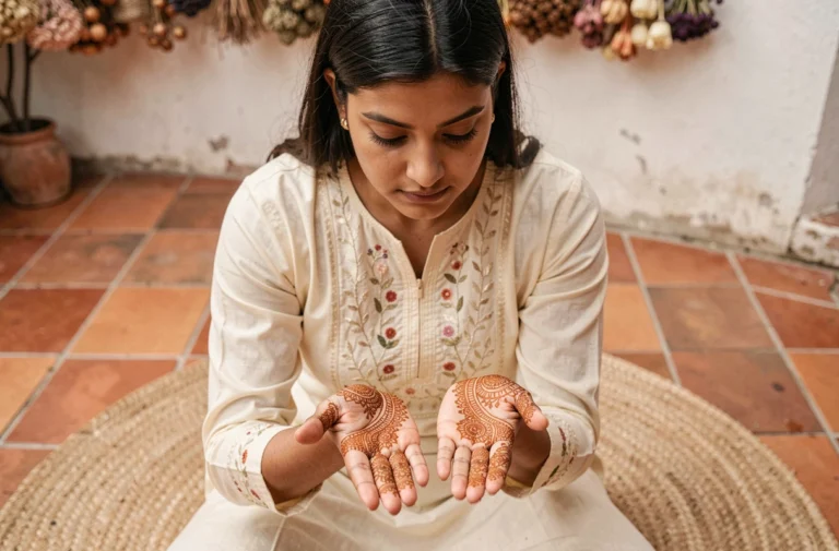 Comparaison des deux mains d'une femme, la droite ornée de motifs de henné complexes et la gauche nue, posées sur un tapis en jute