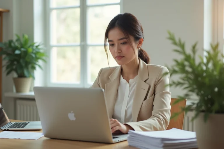 Femme comparant des sites de location immobilière 123 SeLoger et 123 Loger sur un ordinateur portable dans un bureau à domicile