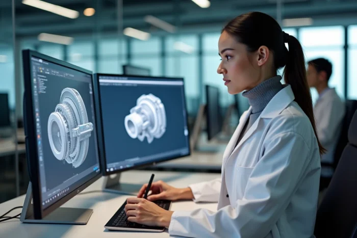 Conceptrice industrielle travaillant sur un logiciel CAO 3D pour la conception de machines industrielles