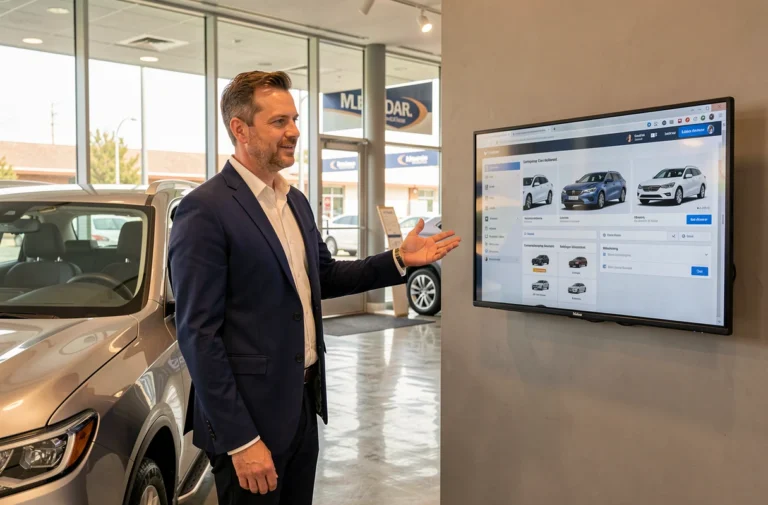 Conseiller commercial en concession automobile présentant une solution digitale sur écran interactif pour booster la visibilité en ligne