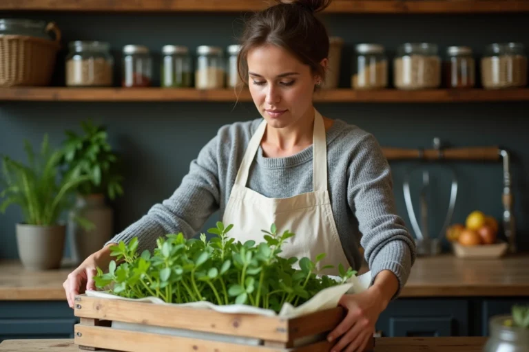 Femme conservant des tiges de pourpier fraîches dans une caisse en bois rustique sur une table de cuisine