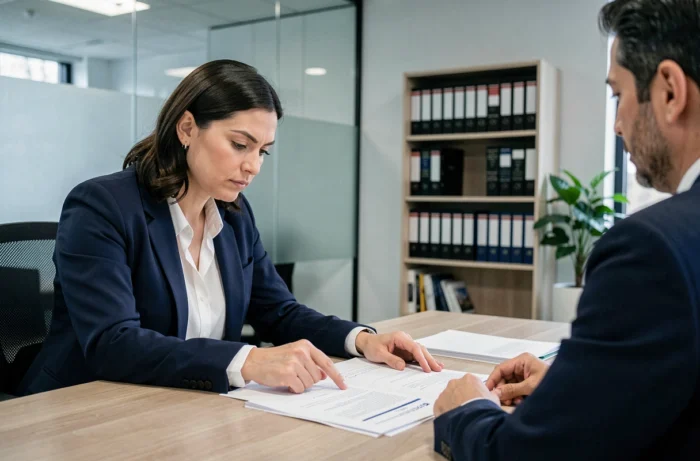 Femme consultant un conseiller juridique pour répondre aux menaces de saisie Intrum