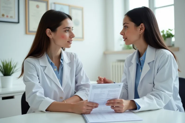 Consultation médicale pour allergie aux oignons avec une allergologue examinant les résultats de tests allergiques