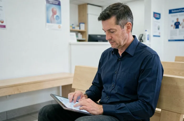 Homme utilisant une tablette pour contacter une équipe de santé en ligne dans une salle d'attente médicale