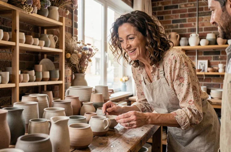 Une femme discute avec une artisane dans une boutique créative remplie de céramiques faites main et d'objets artisanaux