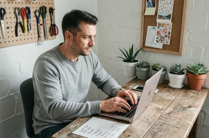 Un homme contacte en ligne une boutique artisanale depuis son bureau à domicile entouré d'inspirations créatives