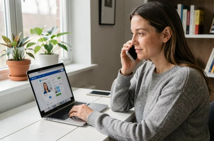 Femme contactant une équipe santé en ligne depuis son bureau à domicile avec smartphone et ordinateur portable