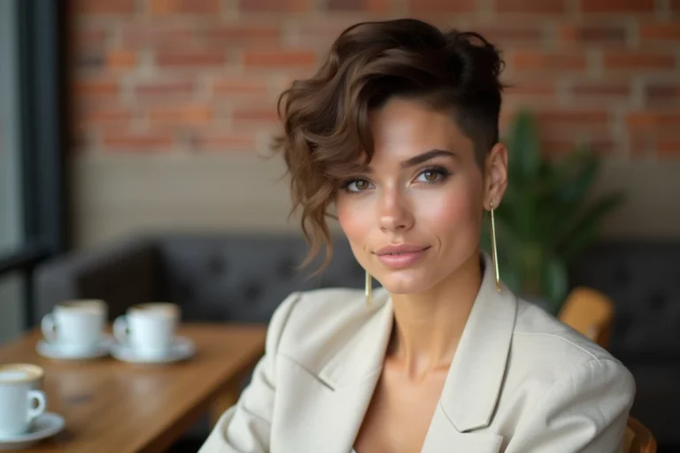 Femme aux cheveux courts en coupe cuenta moderne dans un café urbain, portant un blazer beige minimaliste