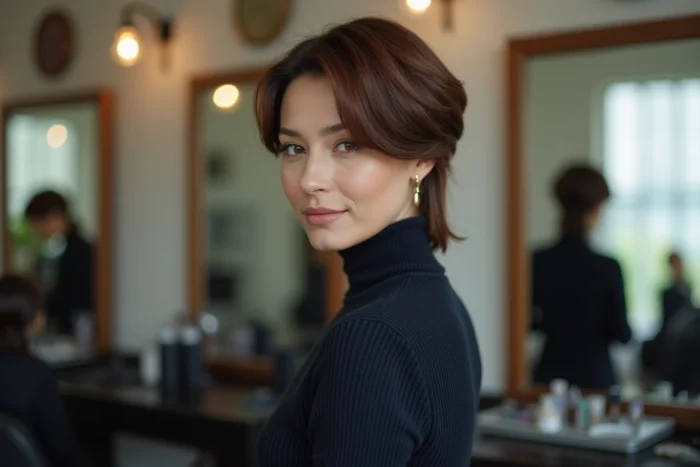 Femme mature avec une coupe mulet revisitée vue de trois quarts, cheveux longs dans le dos et courts sur les côtés, dans un salon de coiffure moderne