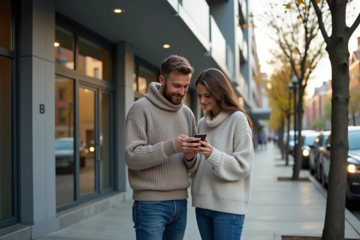 Couple consultant des annonces immobilières sur smartphone devant un immeuble en ville