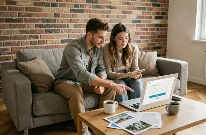Couple belge recherchant une agence immobilière en ligne depuis leur salon