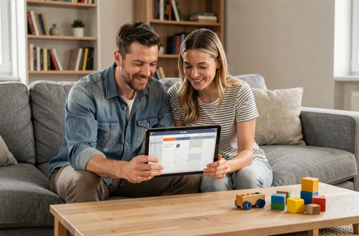 Couple utilisant une application de calendrier familial partagé sur une tablette dans le salon