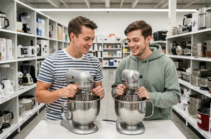 Couple comparant deux robots pâtissiers dans un rayon électroménager pour choisir le meilleur équipement de cuisine